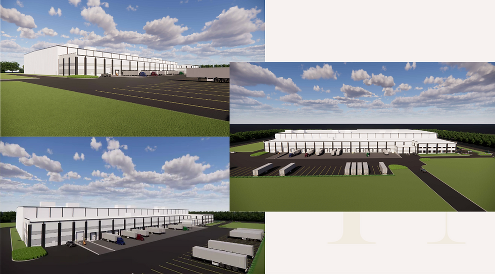 Rendering of Ice Cream Factory’s planned frozen and cold storage facility in Lebanon, Missouri with parking, landscaping, and truck access.