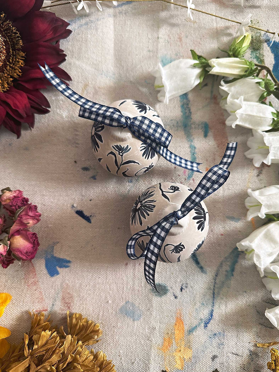 Thumbnail: Oatmeal + Indigo Watercolor Mums Ceramic Bauble