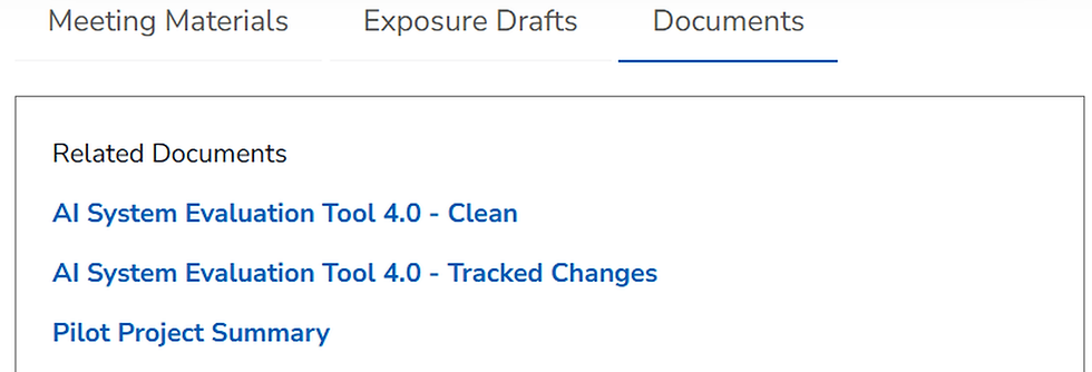NAIC Working Group Documents tab listing AI System Evaluation Tool 4.0 clean and tracked-changes versions and the pilot project summary