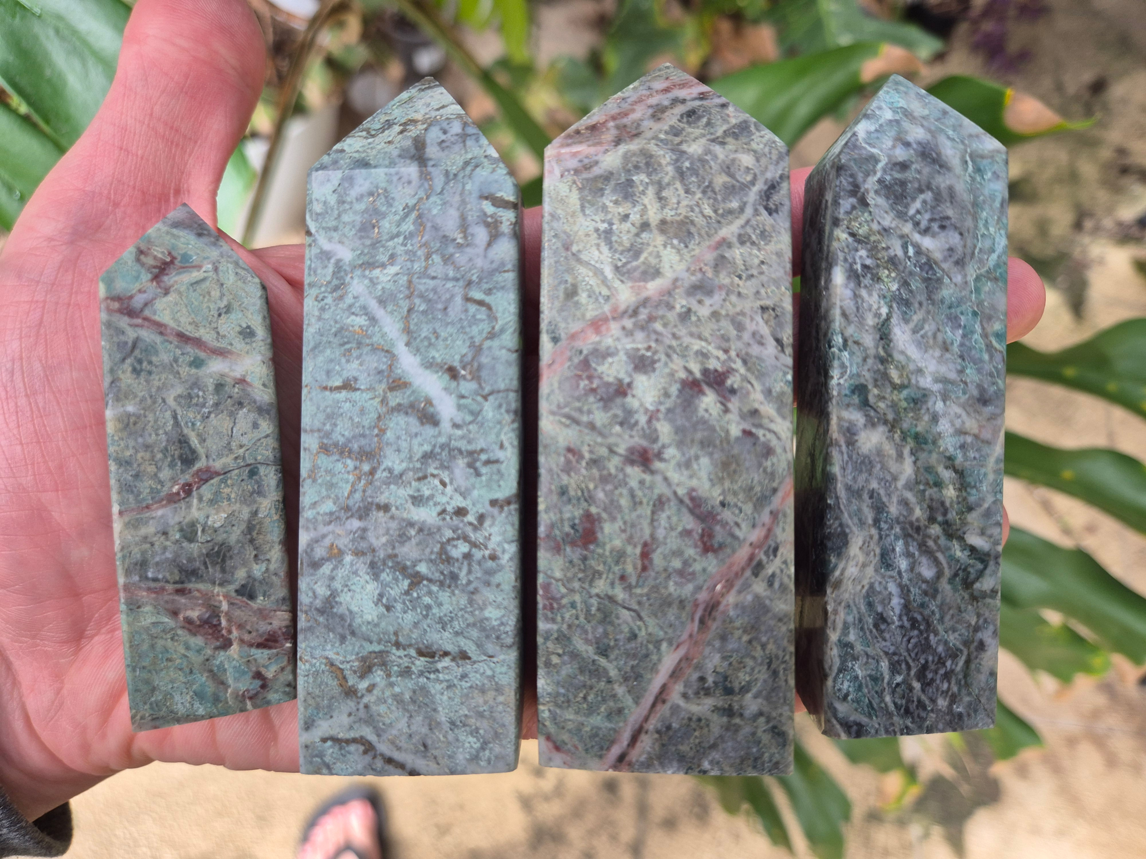 Amazonite, Quartz and Pyrite Obelisks