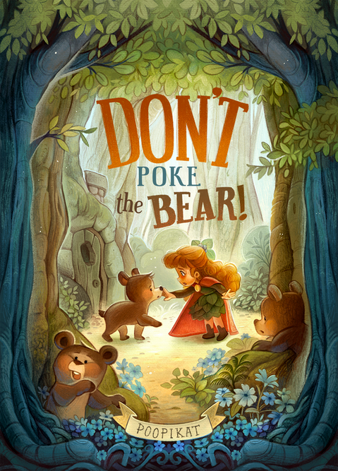 Mock cover illustration of a girl and three bears in the woods