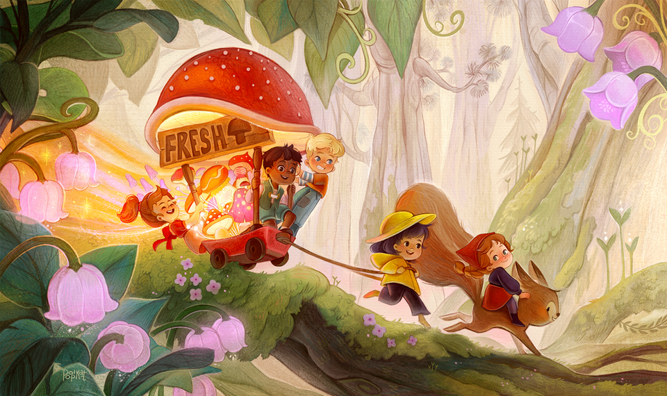 Illustration of kids riding a mushroom cart through the trees.