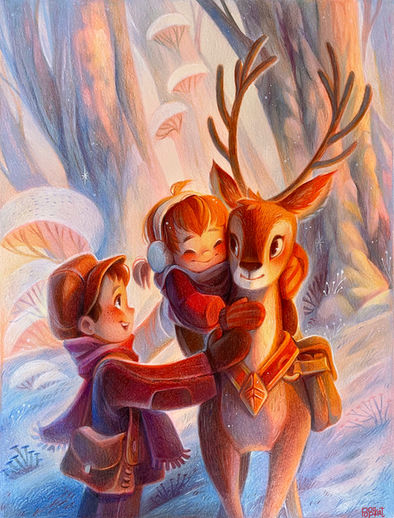 Winter scene of brother helping sister get on a deer
