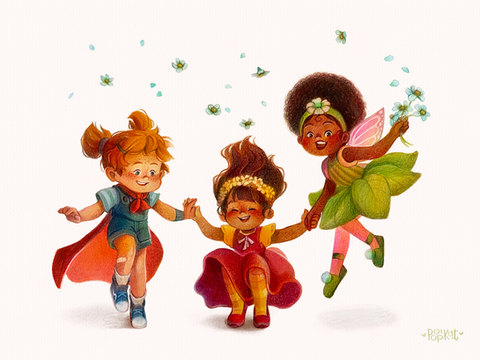 drawing of three young girls jumping and dancing.