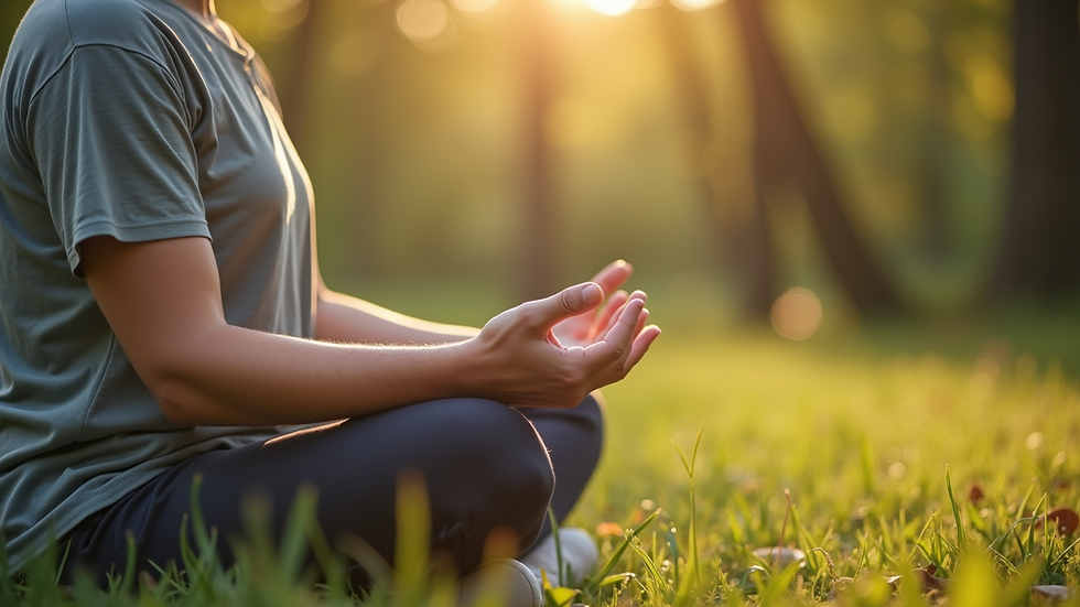 Close-up view of a person meditating outdoors with nature around