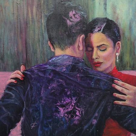 Original figurative oil painting of tango dancers in a passionate embrace by fine artist Tatyana Chechuga.