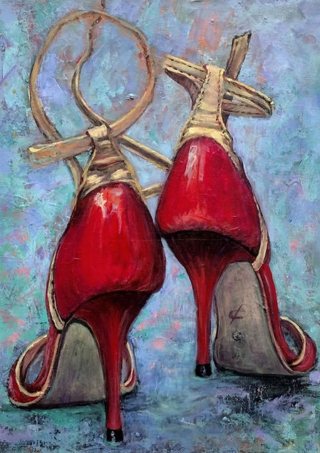Tactile fine art painting of elegant red high heels tango shoes by Tatyana Chechuga.