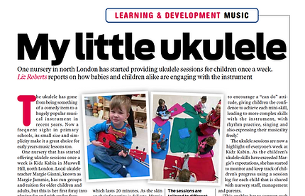 Preview of Ukulittle’s 2015 Nursery World magazine feature showing two young children playing ukuleles and part of the article about early years music learning.