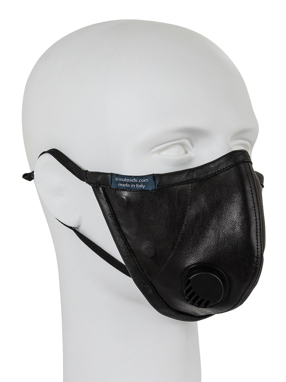 Thumbnail: AT-MASK mascherina fashion in pelle nera con valvola vista laterale, fashion leather mask with valve black side view