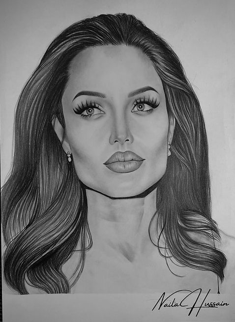 Finished drawing of Angelina Jolie shown looking up and away from the camera