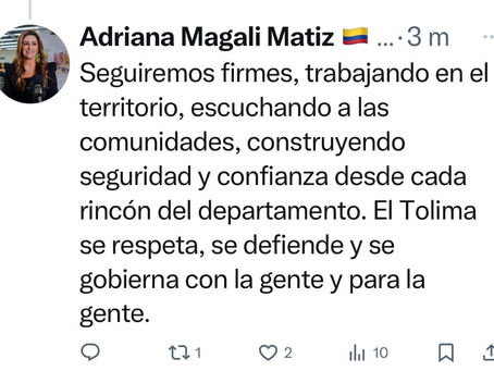 “En el Tolima no daremos un solo paso atrás frente a la criminalidad. No habrá tregua”: gobernadora Matiz tras revelaciones de Mindefensa