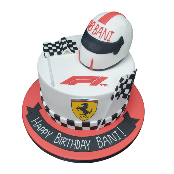 A visually striking and intricately designed F1 Racing-themed cake, perfect for motorsport enthusiasts and fans of high-speed racing events.