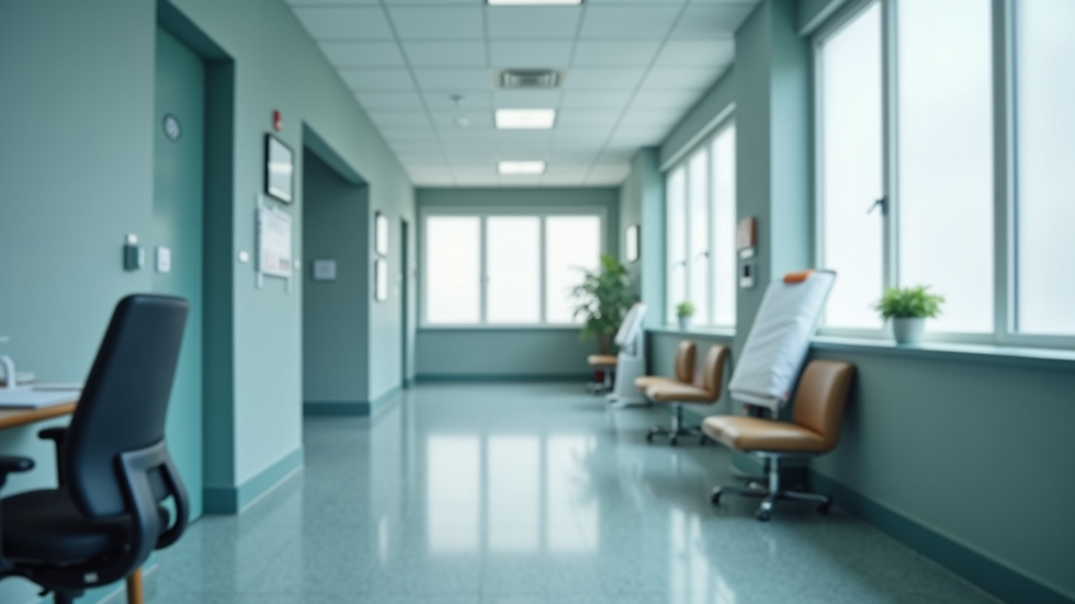 Eye-level view of a medical office with a doctor’s desk and chair
