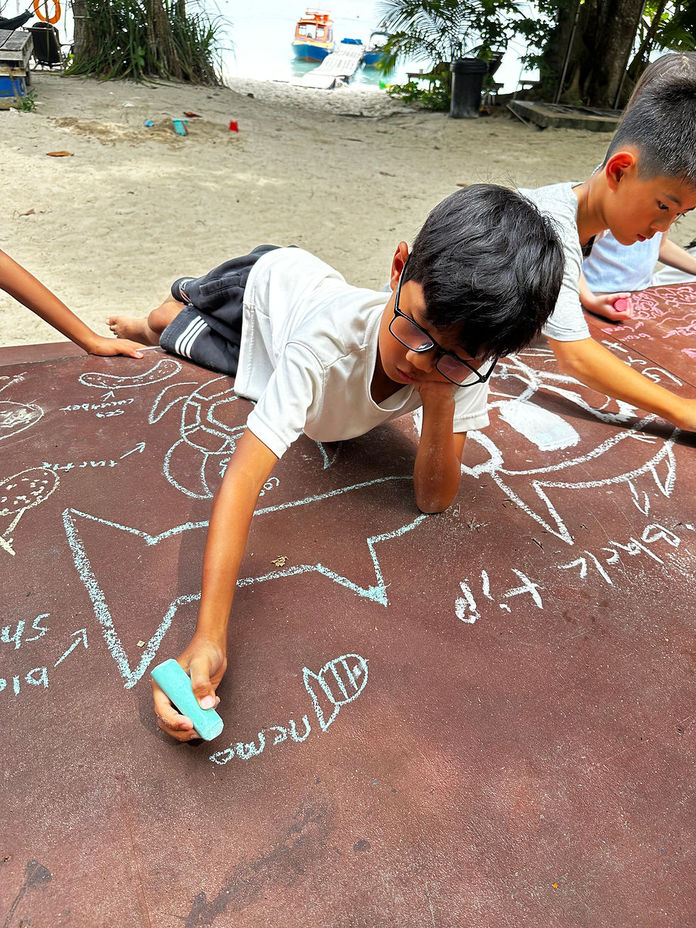 Students drawing different types of reefs and marine life they encountered.