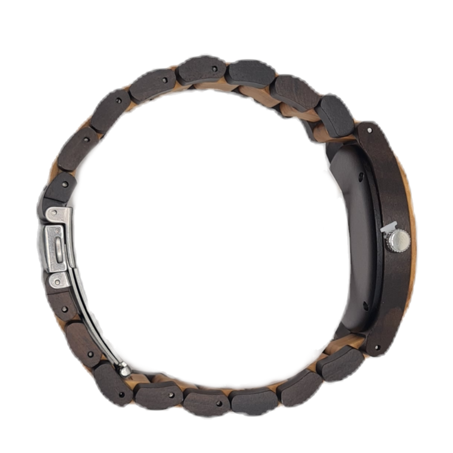 Thumbnail: Orologio in legno iwood, modello Sierra, con cassa e cinturino in legno scuro e chiusura deployante in acciaio inossidabile. Vista laterale
