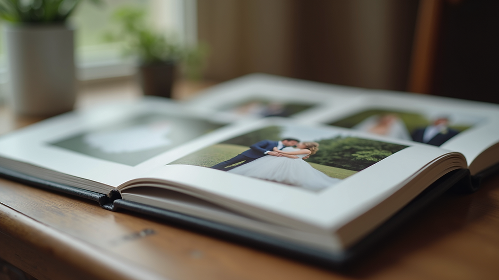 Close-up view of a wedding album with printed photos