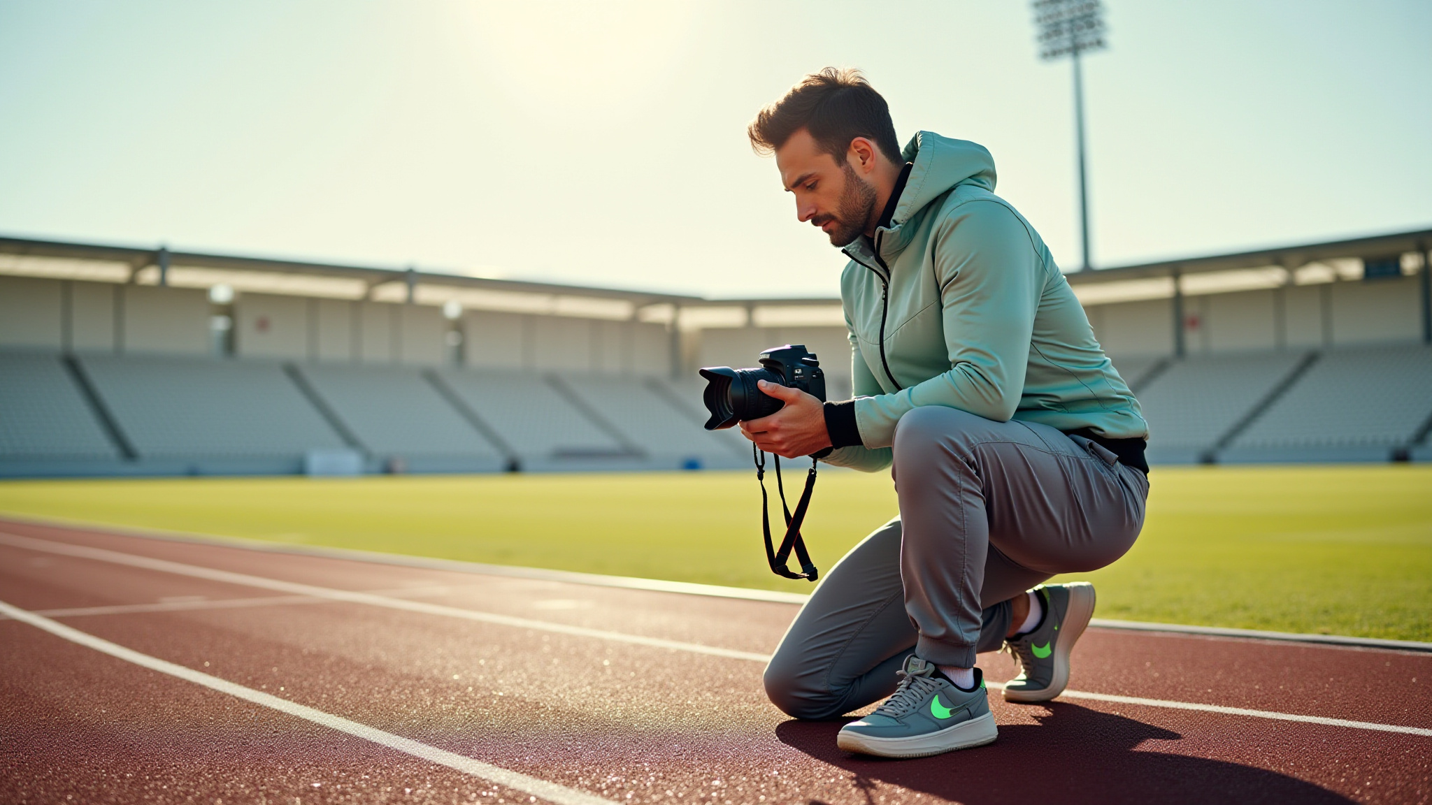 Man reviewing photos on DSLR camera at stadium