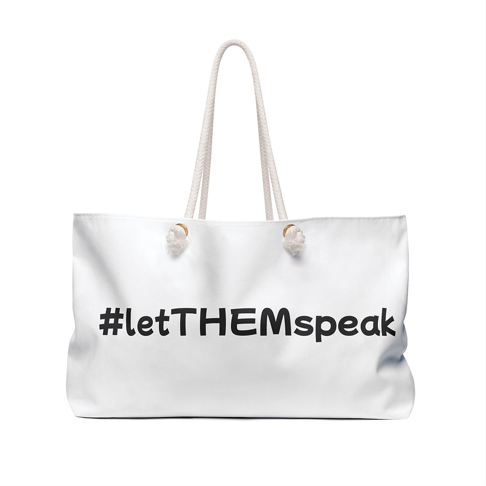 large white Solution Spaces tote bag with logo and "letTHEMspeak" on the front 