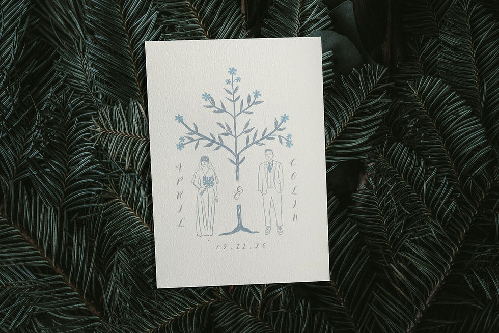 Ivory illustrated wedding invitation witg hand-drawn couple under an empress tree