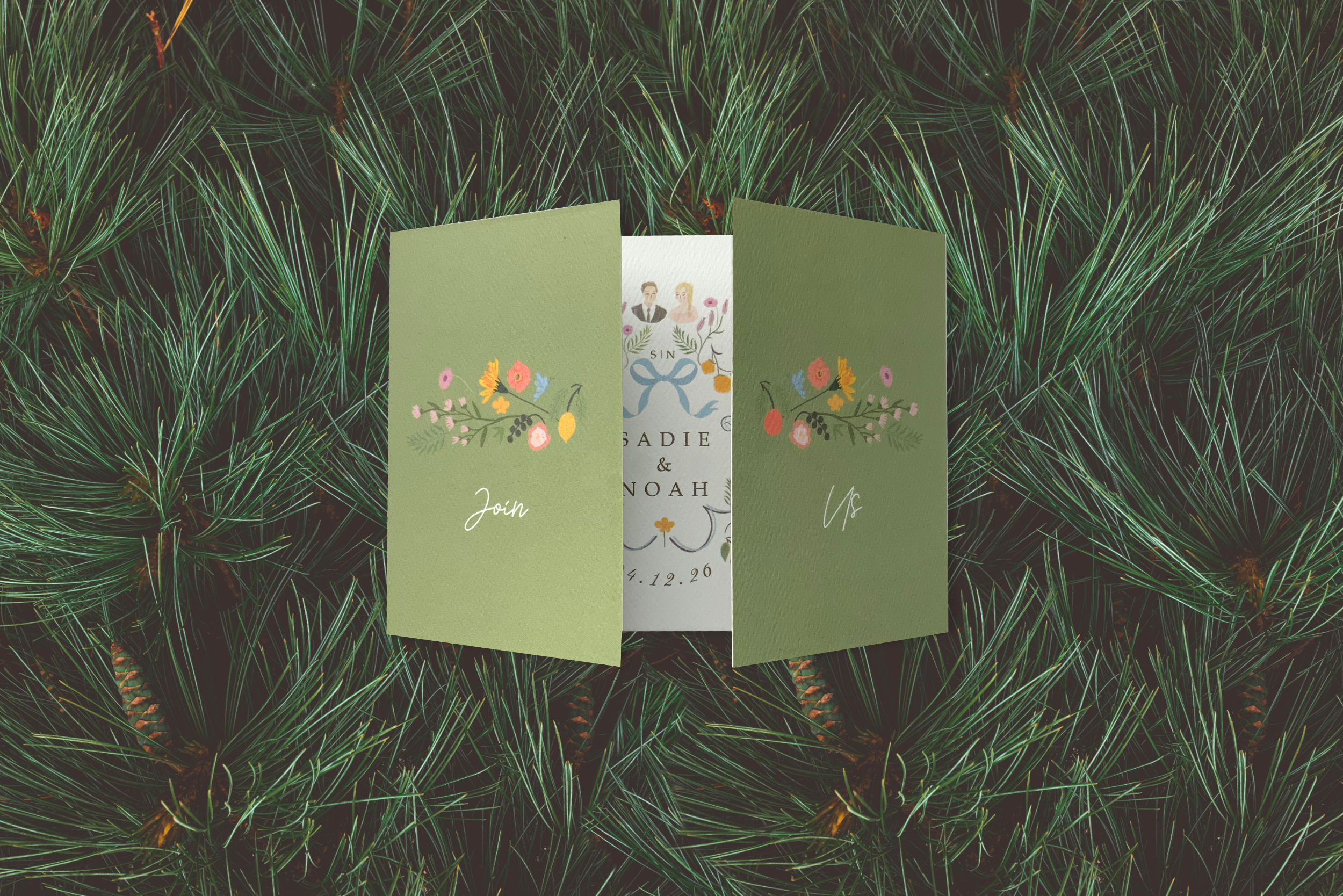 Sage Green Wildflower Folded Wedding Invitation
