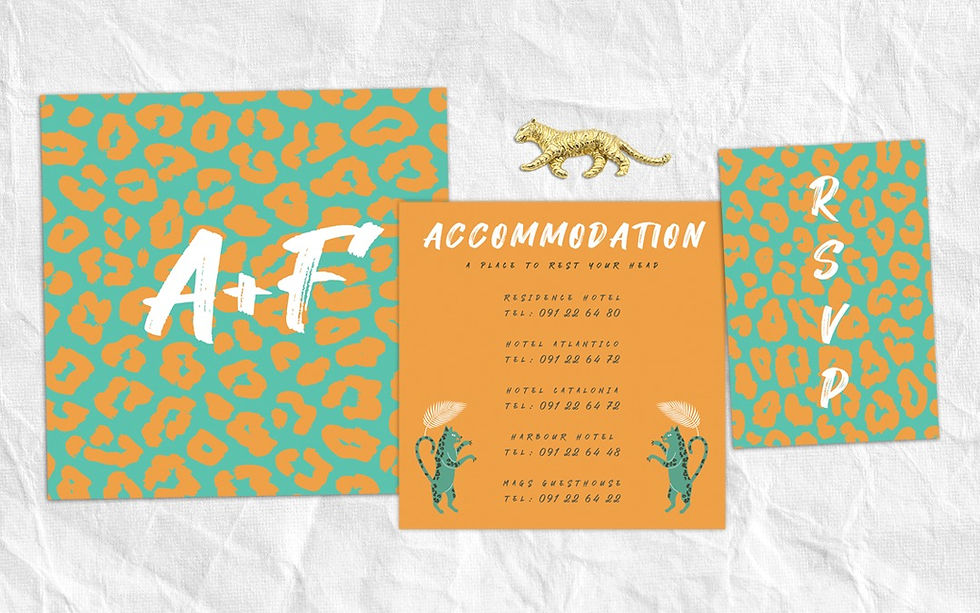 Cyan and orange animal print wedding invitations