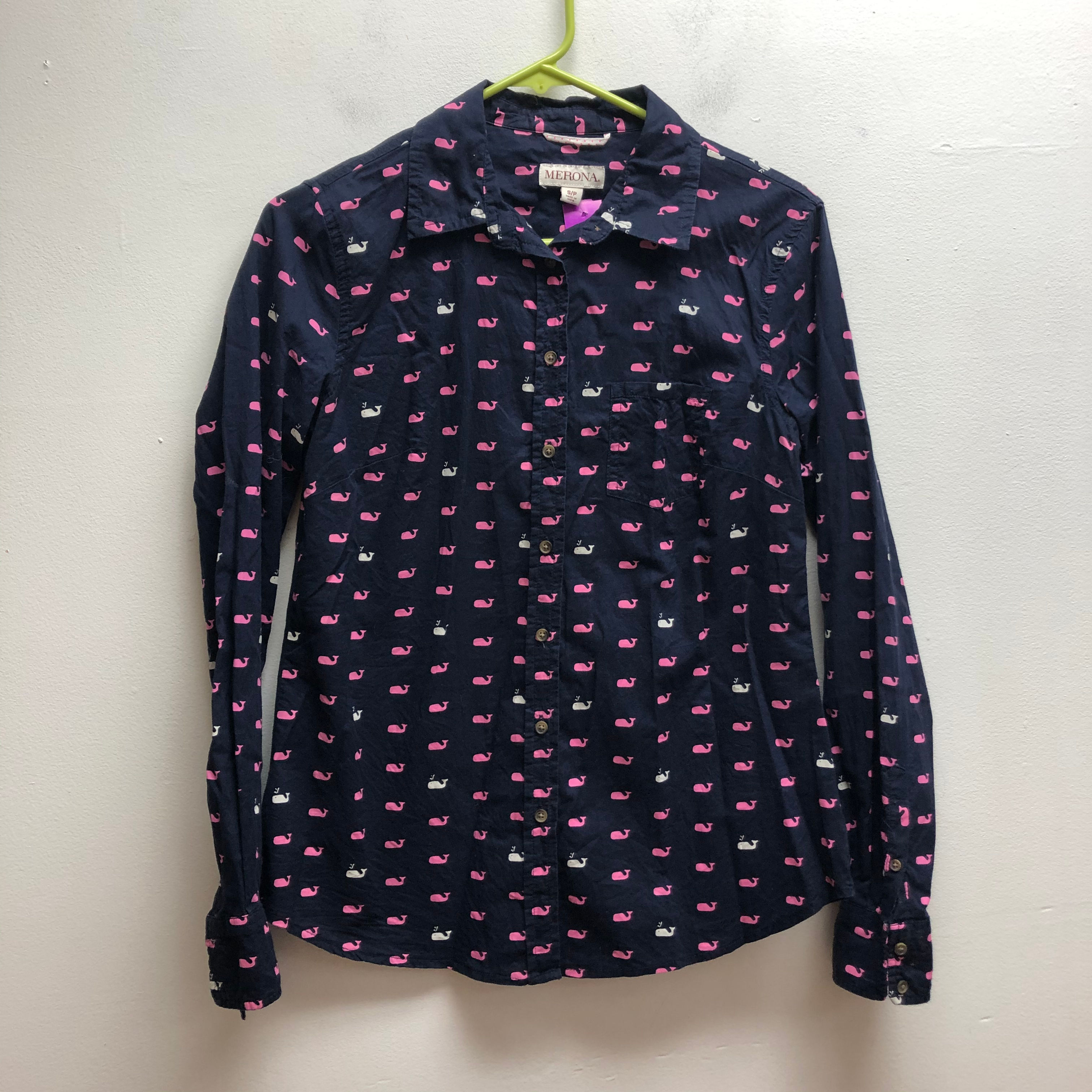 Merona navy pink & white whale print top