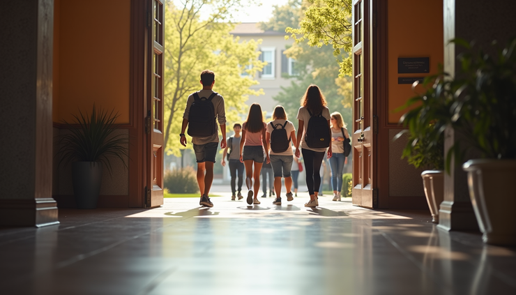 Close-up view of a college campus entrance with students walking