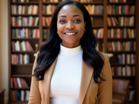 Black woman brand strategist standing in a meeting room in front of bookshelves filled with story-filled books, representing brand clarity for purpose-led founders.