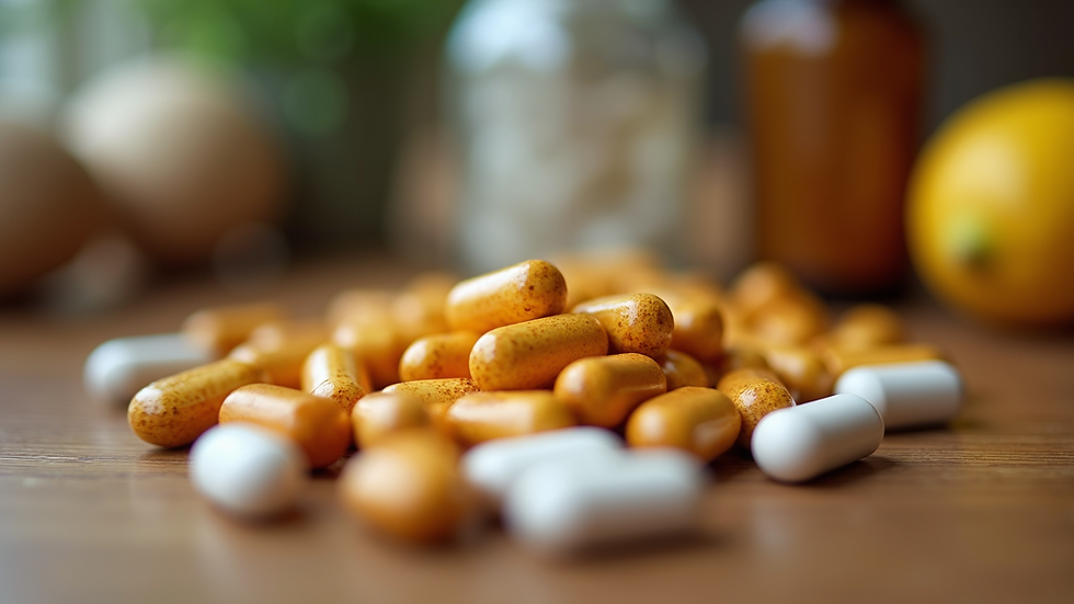 Close-up view of a variety of nutritional supplements on a wooden table