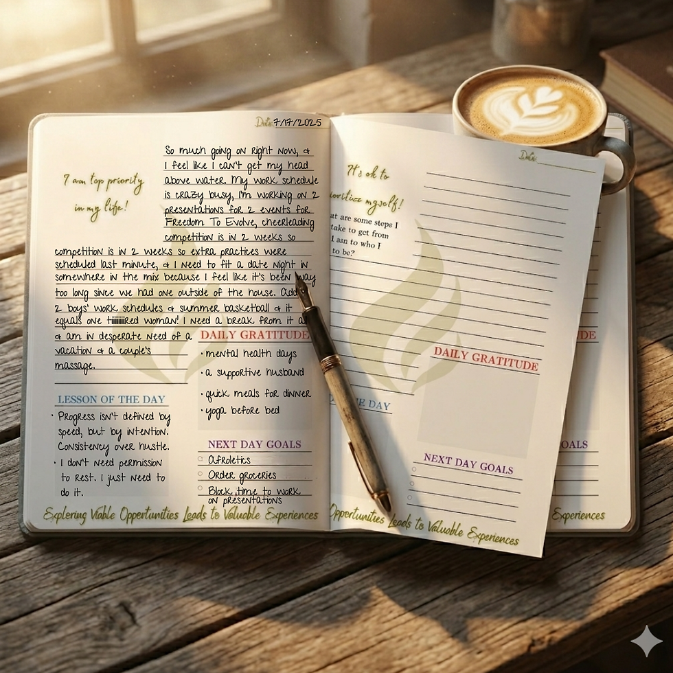 A journal lying open beside a cup of coffee with handwritten reflections and calming morning light.