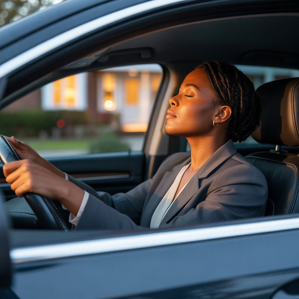 A woman sitting quietly in her car taking a moment to breathe before entering her home after work.