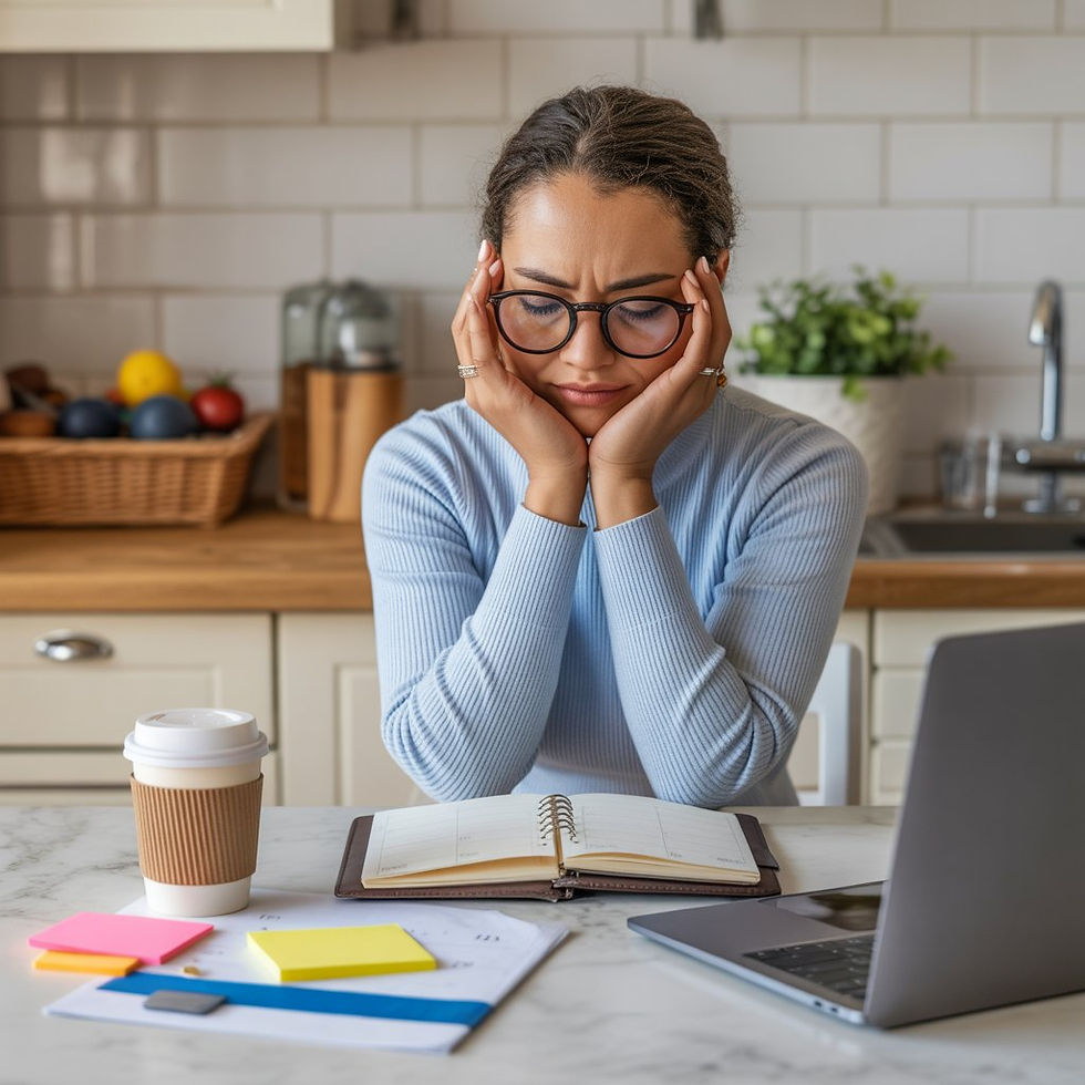 A tired but determined woman sitting at a kitchen table with a planner, laptop, coffee cup, and sticky notes while balancing work and family responsibilities. The image feels relatable, warm, slightly chaotic, and realistic for busy women managing the mental load.