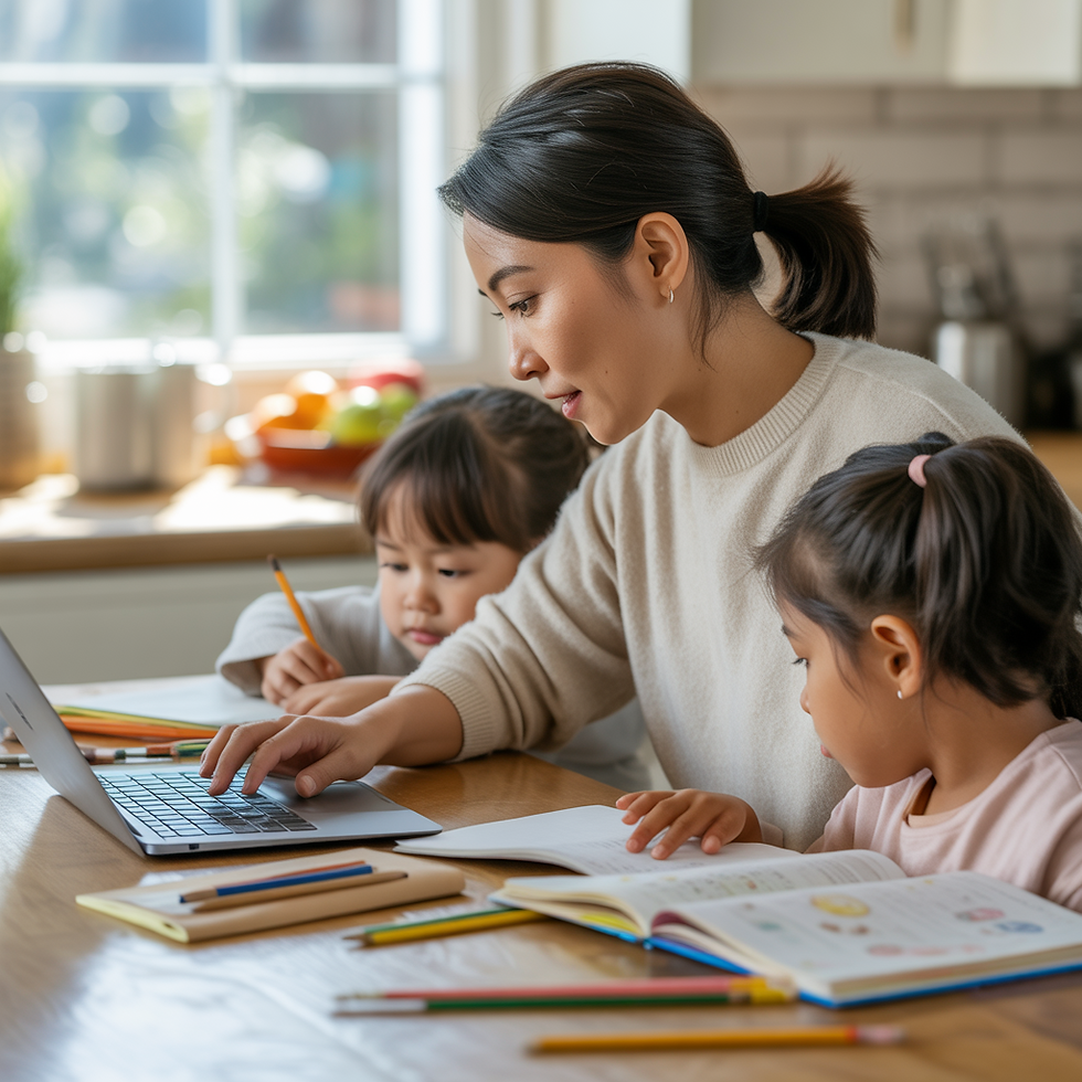 A busy mom working on a laptop while helping children with homework at the kitchen table.