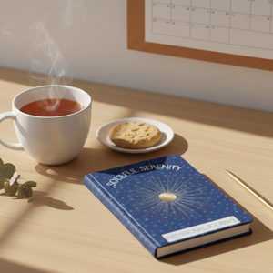 A journal in a calm, airy workspace with a warm cup of tea, soft natural light, and a January calendar in the background. The mood is peaceful, cozy, and unhurried—representing slow living for busy women. Minimalist, warm, and inviting.