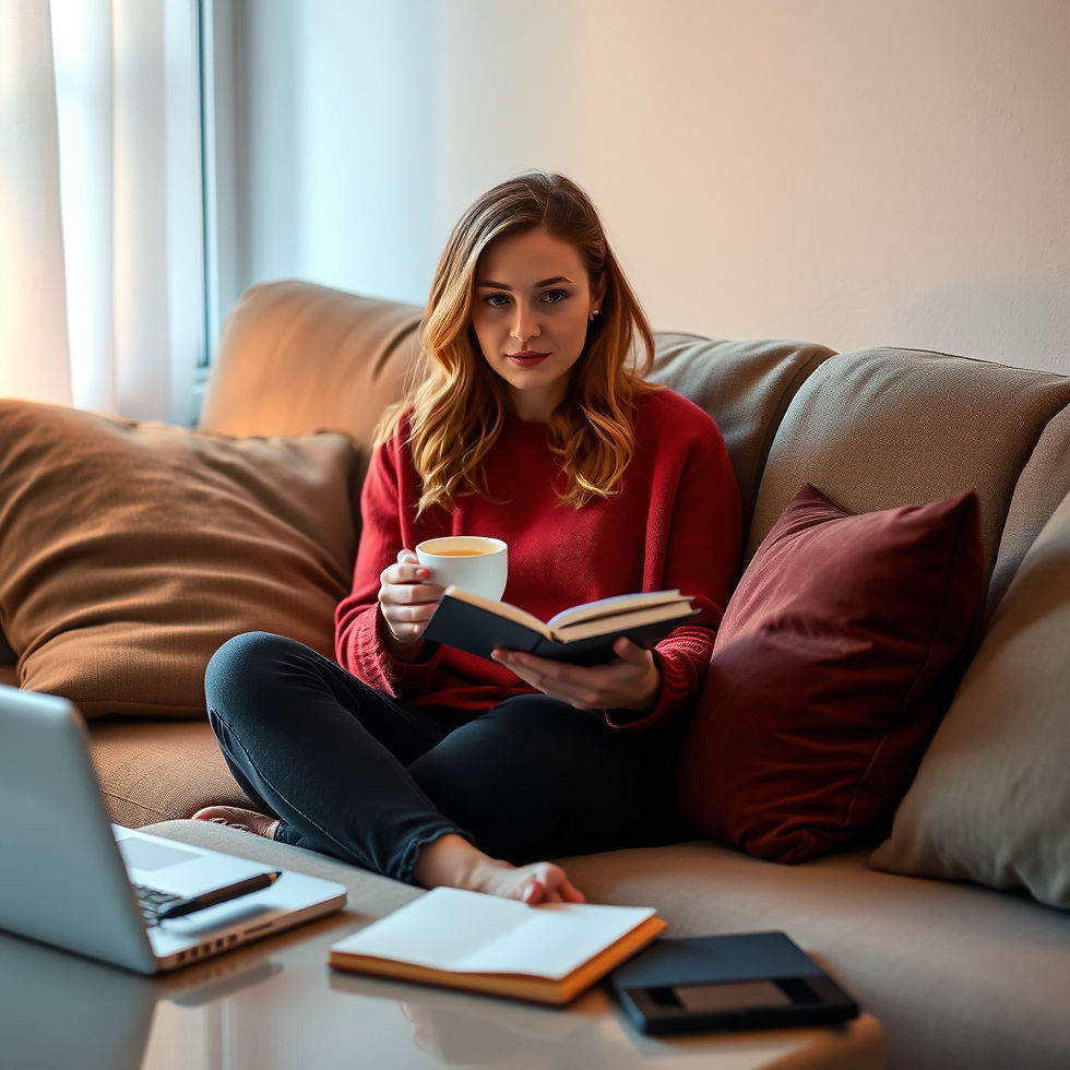 A realistic, cozy scene of a busy woman sitting on a sofa in the evening with a journal and cup of tea. She appears thoughtful but calm, surrounded by subtle signs of daily responsibilities such as a planner, laptop, and phone. Warm lighting creates a comforting self-care atmosphere.