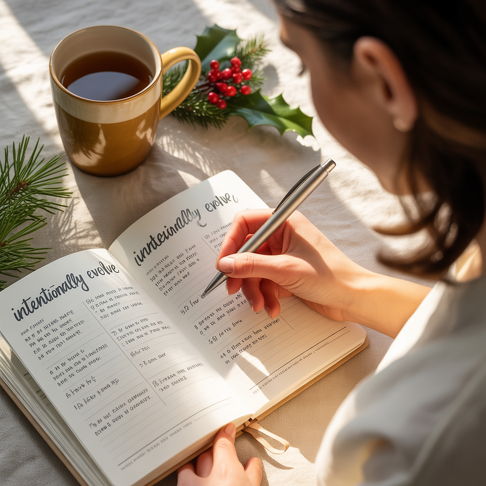 A cozy flat-lay of a journal, warm cup of tea, holiday greenery, and soft morning light. A womanās hand is holding a pen as she writes in her Intentionally Evolve journalāsymbolizing calm, reflection, and planning ahead for a peaceful holiday season.