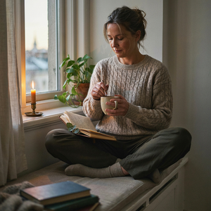 A professional woman in her 40s sits by a window at sunrise with a journal, candle, and cup of tea. Soft golden light creates a peaceful atmosphere as she reflects on the month, symbolizing self-care, emotional wellness, and personal growth.