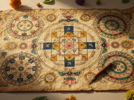 Ancient Vedic astrology chart on parchment