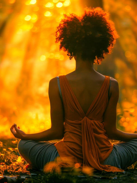 Person meditating outdoors at sunrise, sitting cross-legged in an orange top. Sunlight filters through trees, creating a peaceful glow.