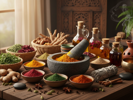  Ayurvedic herbs and natural remedies arranged on a wooden table
