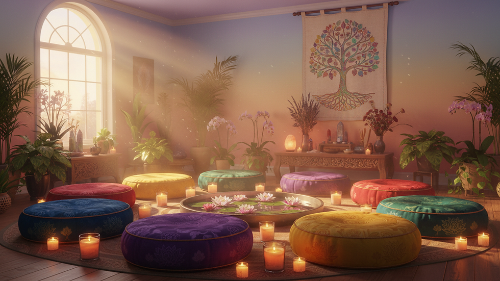 Eye-level view of a serene meditation space with candles and cushions