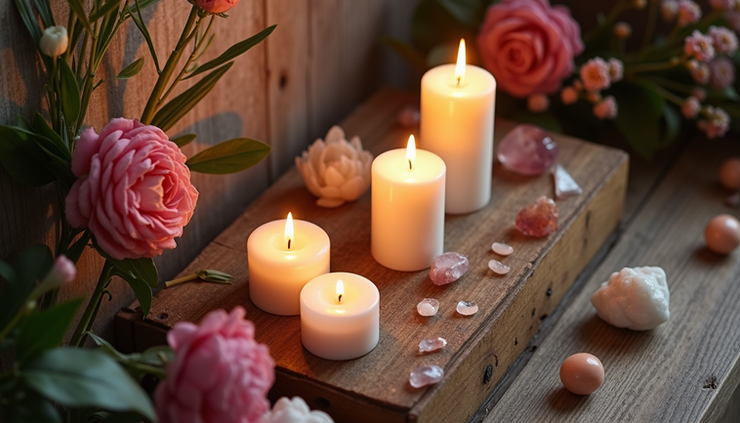 High angle view of a wooden altar with candles, crystals, and spring flowers arranged for a ritual