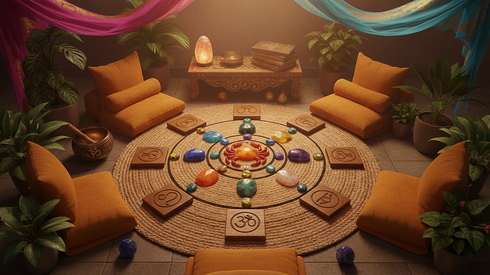 High angle view of a serene meditation space with Vedic astrology symbols
