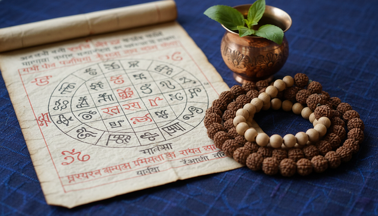 Close-up of a handwritten Vedic birth chart beside a mala and sandalwood beads