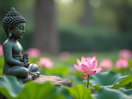 Buddha statue in temple garden with lotus flowers