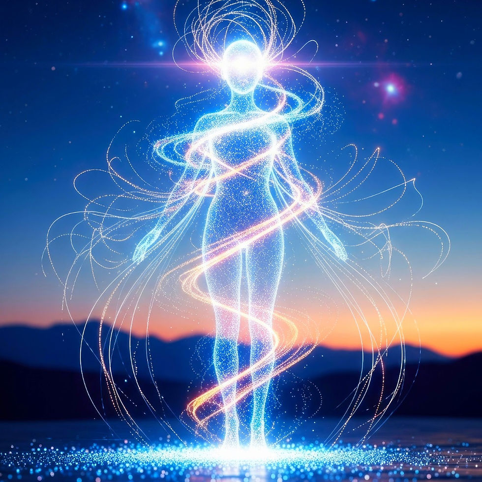 Glowing abstract human figure of light swirls at sunset over mountains and water, with a dreamy, futuristic mood