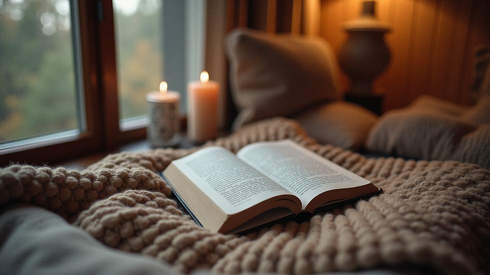 Eye-level view of a cozy reading nook with a tablet displaying an ebook