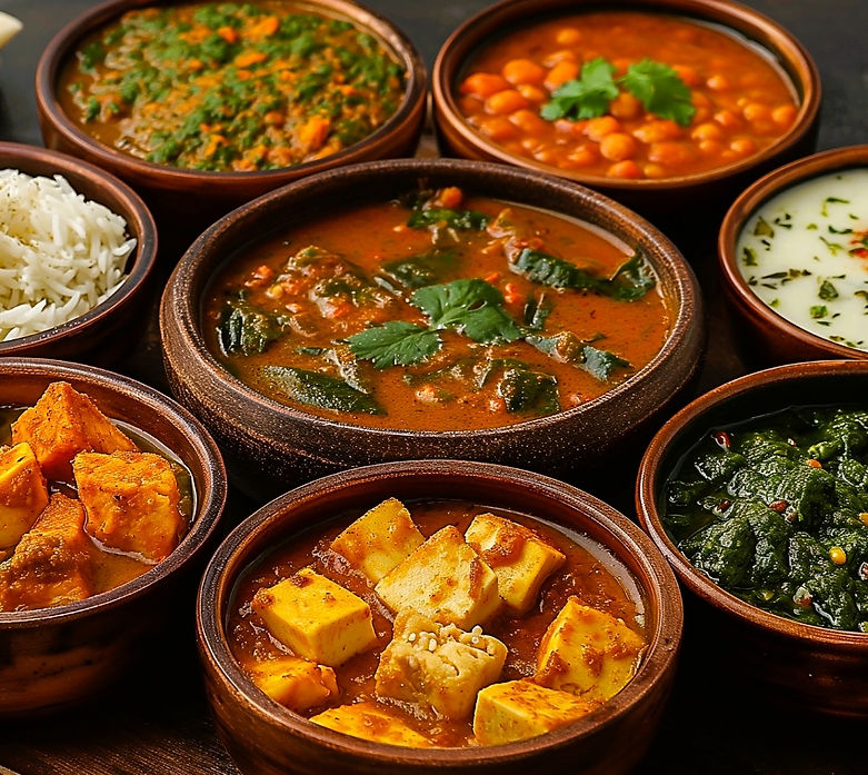 Various Indian dishes in brown bowls; rice, paneer, and rich curries.