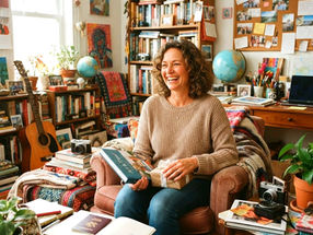 Smiling woman sits in a cozy, book-filled home office, surrounded by her gifts embodying the creative energy of the law of assumptions.