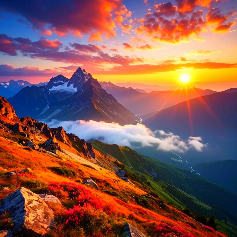 Mountain landscape at sunset with a vibrant orange sky, sun rays, rocky terrain, and colorful wildflowers on a hillside.